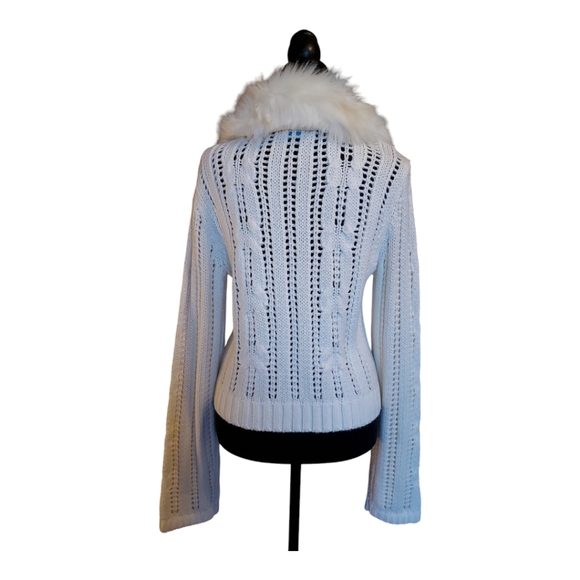 Vintage Trixie + LULU Ivory White Faux Fur Convertible Cardigan Sweater Size L - Picture 3 of 9